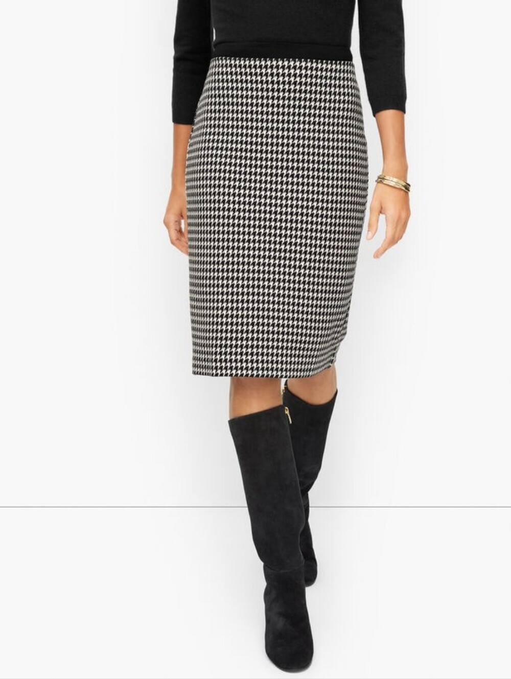 Talbots Pencil Skirt Size 12 Womens Black White Houndstooth Knit Knee Length